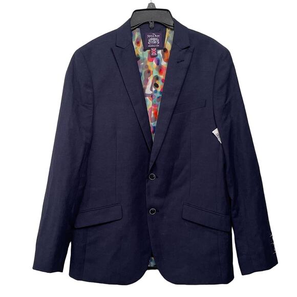The Savile Row Mens Blazer Jacket 40L Blue‎ Brit Skinny Linen Blend 2 Button - Picture 1 of 12